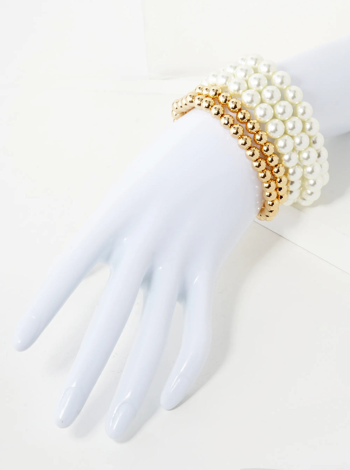 Set Of 5 5mm Metallic Beads 8mm Pearl Beaded Stackable Stretch Bracelet