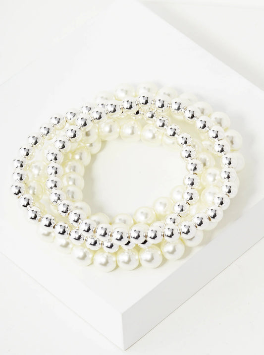 Set Of 5 5mm Metallic Beads 8mm Pearl Beaded Stackable Stretch Bracelet