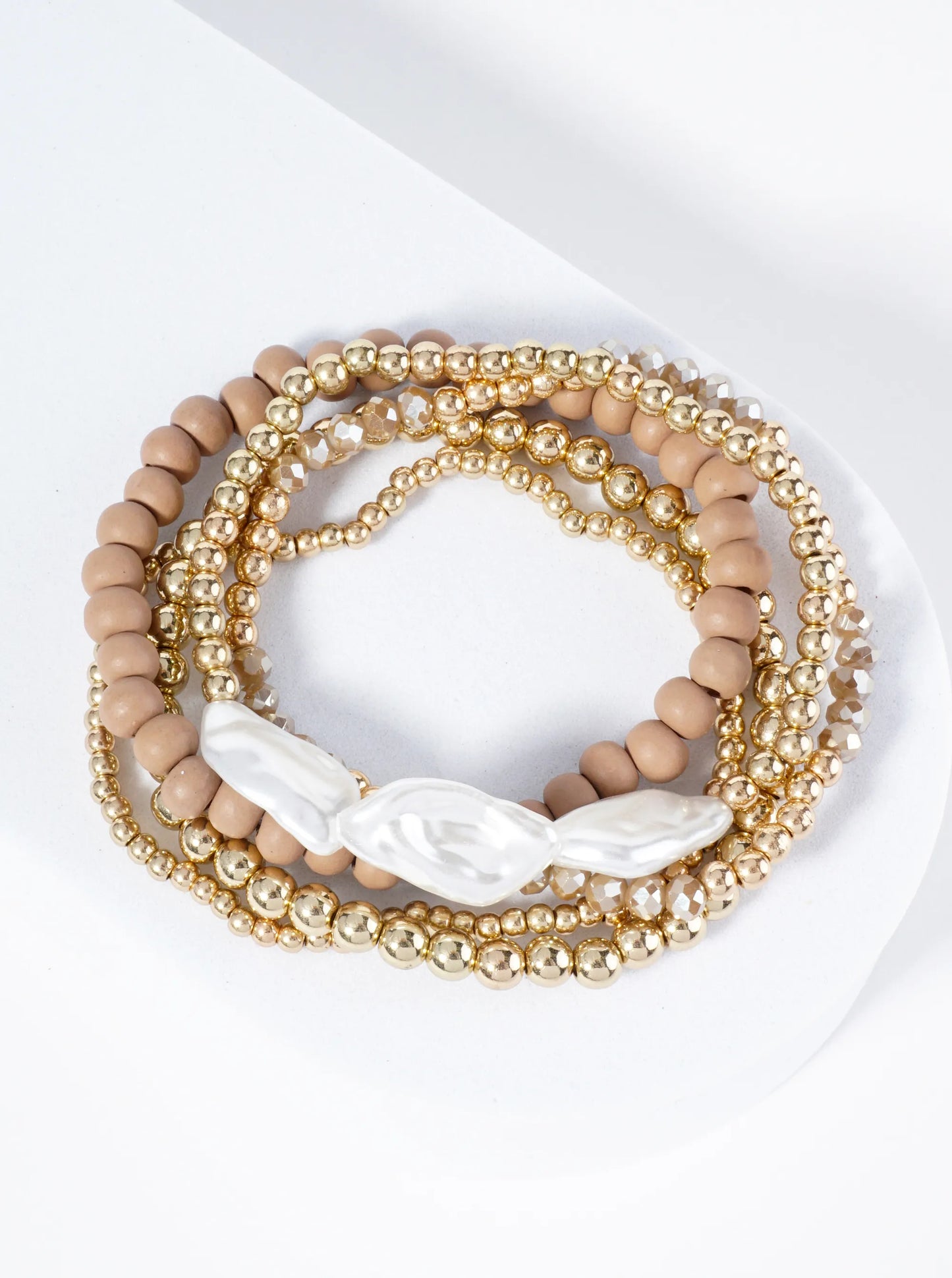 Set Of 5 Baroque Pearl Accents Multi Beaded Stackable Stretch Bracelet
