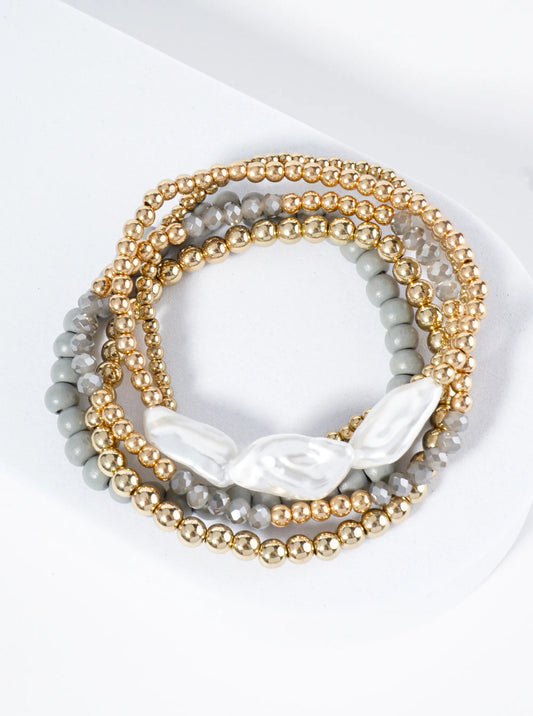 Set Of 5 Baroque Pearl Accents Multi Beaded Stackable Stretch Bracelet