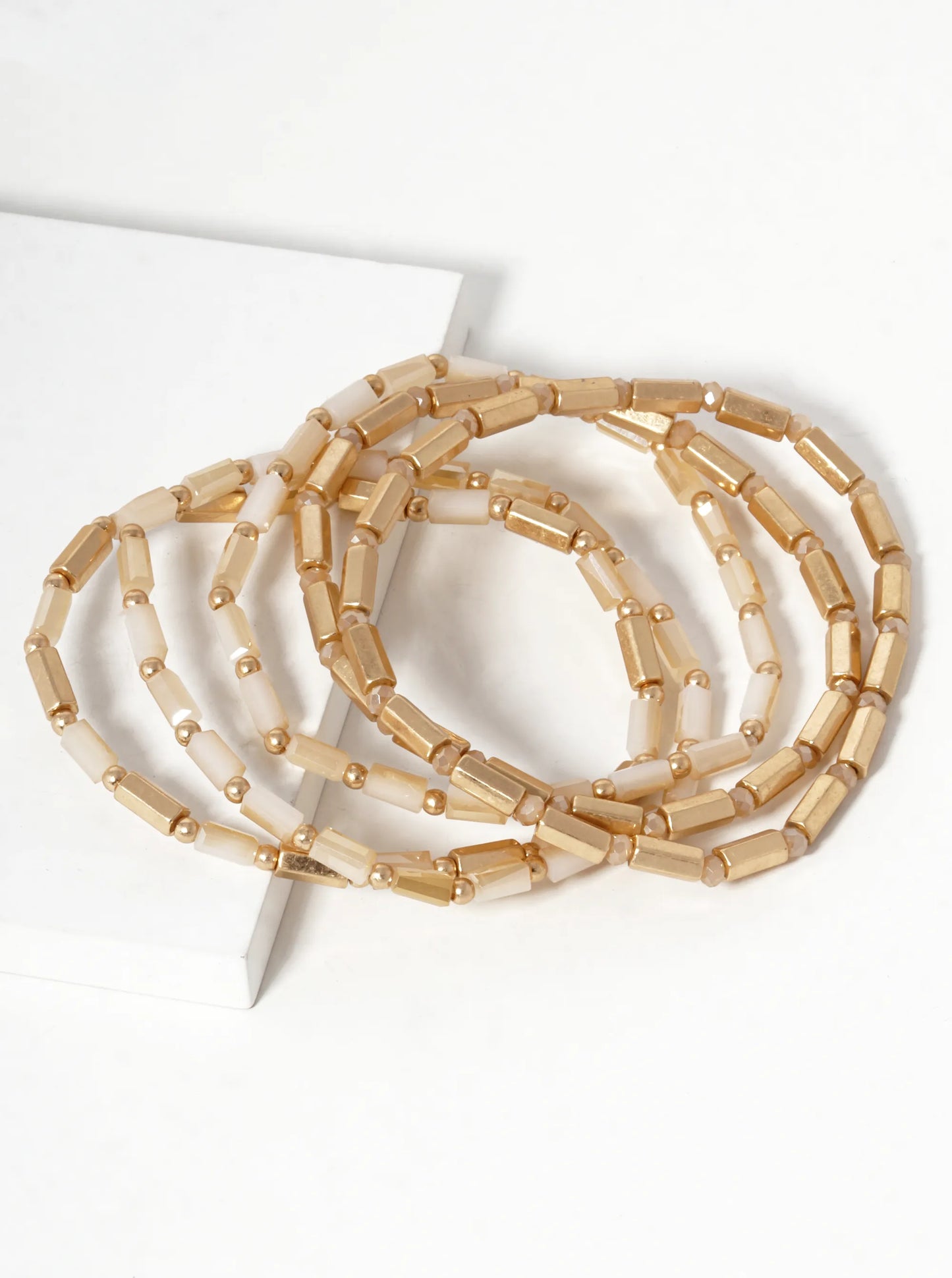 Set Of 5 Faceted Cylinder Glass Beaded Stackable Stretch Bracelet