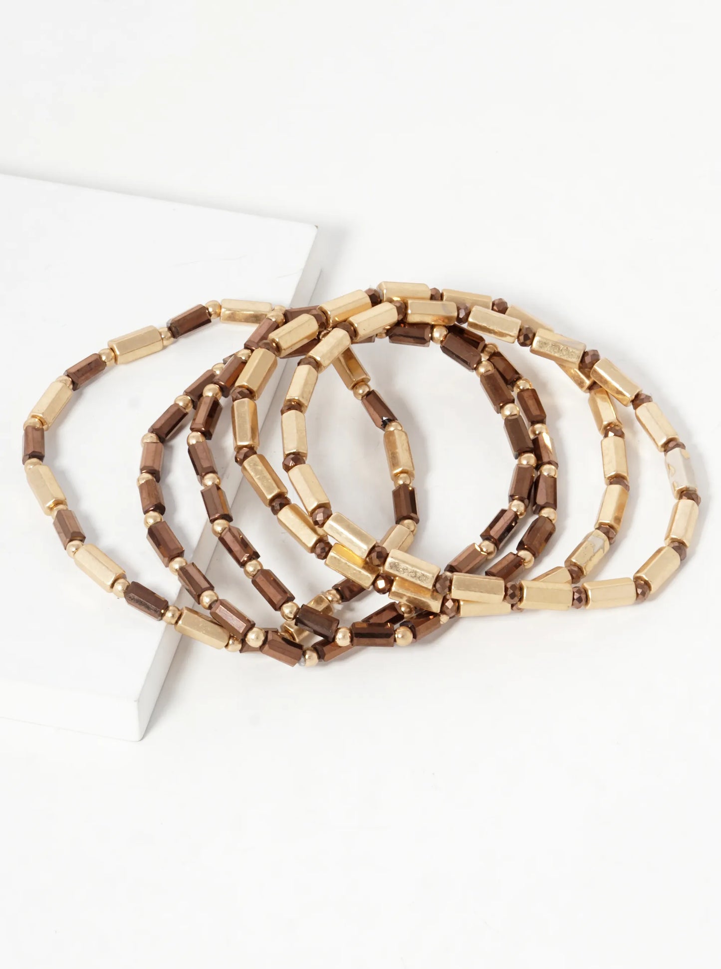 Set Of 5 Faceted Cylinder Glass Beaded Stackable Stretch Bracelet
