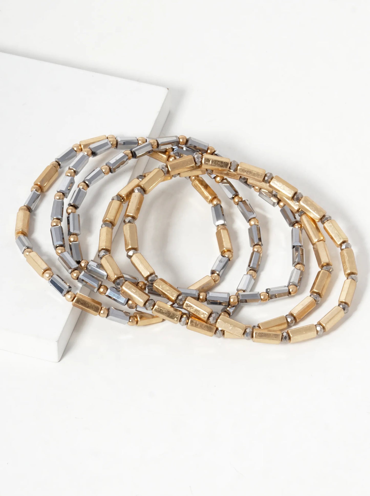 Set Of 5 Faceted Cylinder Glass Beaded Stackable Stretch Bracelet