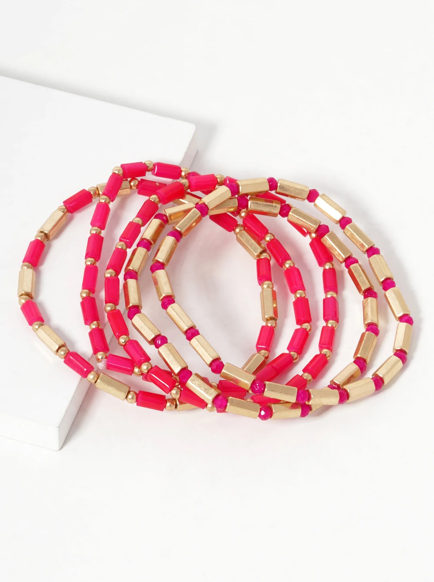 Set Of 5 Faceted Cylinder Glass Beaded Stackable Stretch Bracelet