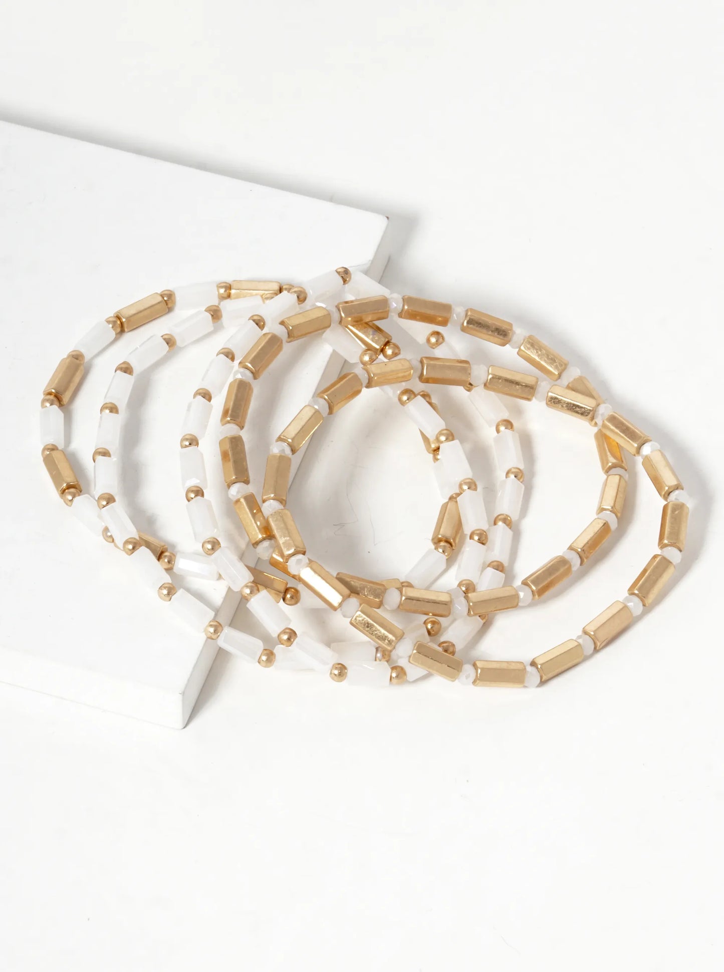 Set Of 5 Faceted Cylinder Glass Beaded Stackable Stretch Bracelet