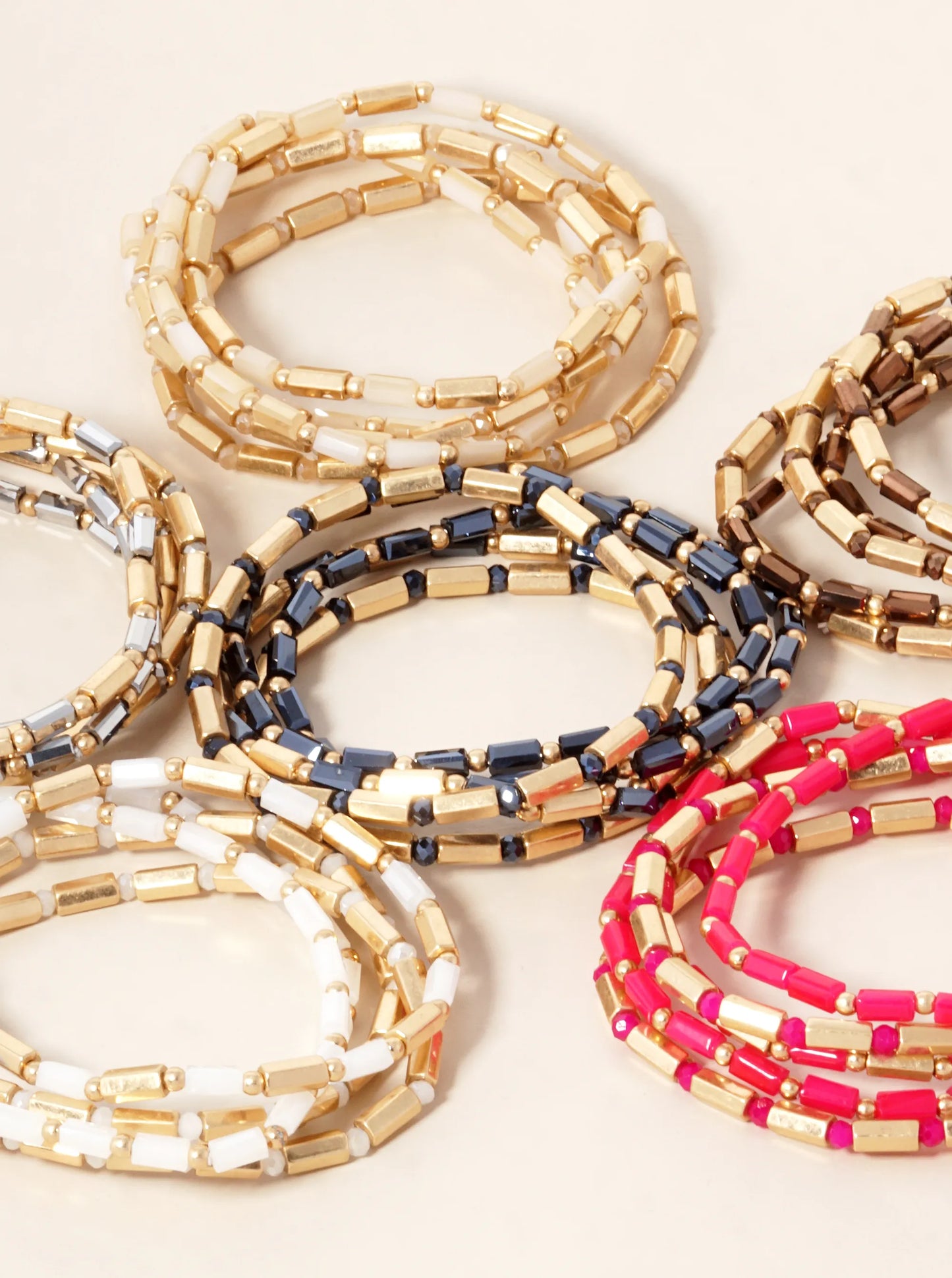 Set Of 5 Faceted Cylinder Glass Beaded Stackable Stretch Bracelet