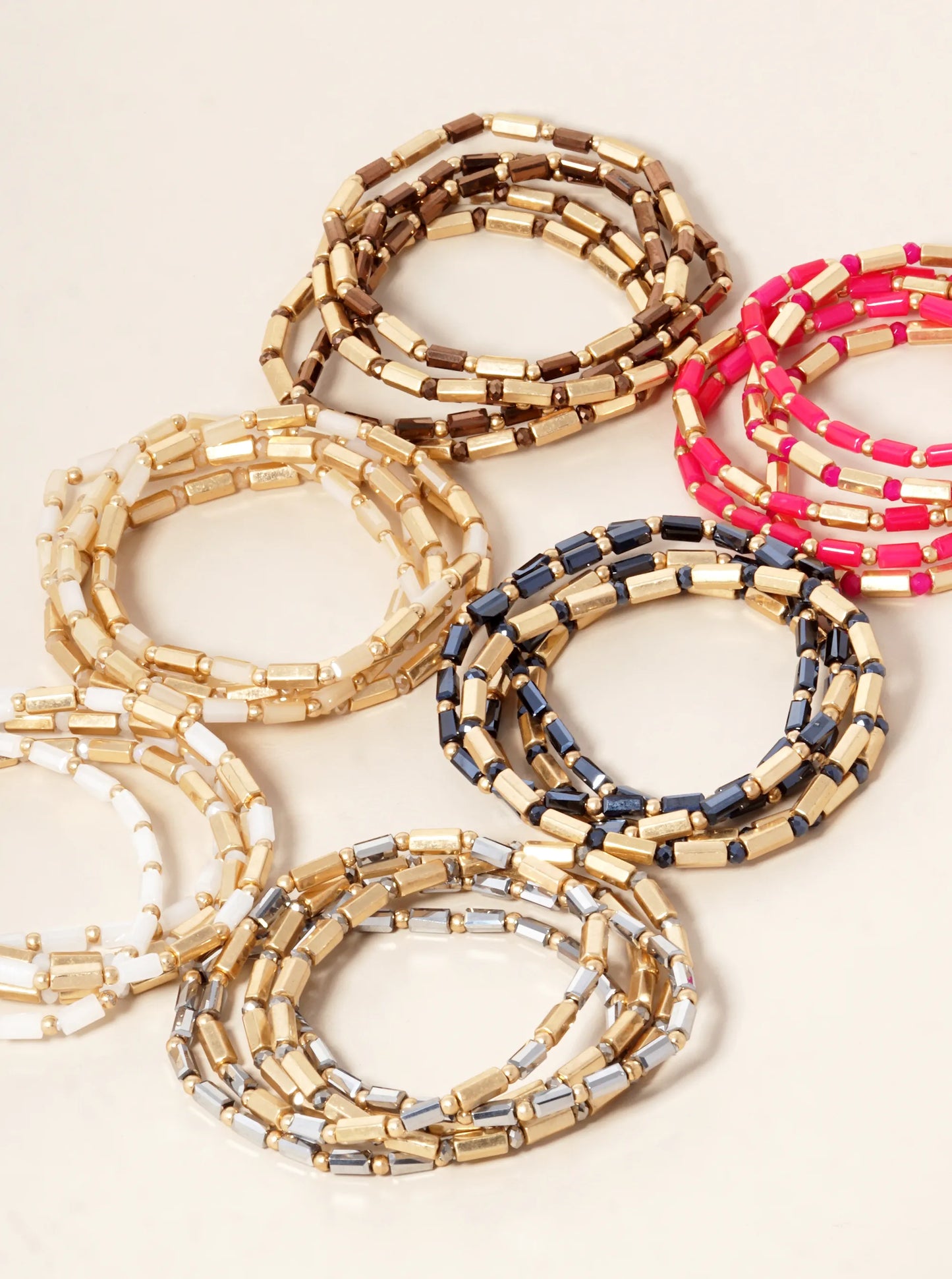 Set Of 5 Faceted Cylinder Glass Beaded Stackable Stretch Bracelet