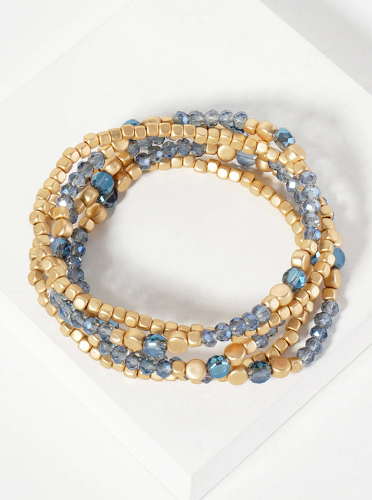 Set-of-5 Metallic Beads And Faceted Glass-Beads Stackable Stretch Bracelet
