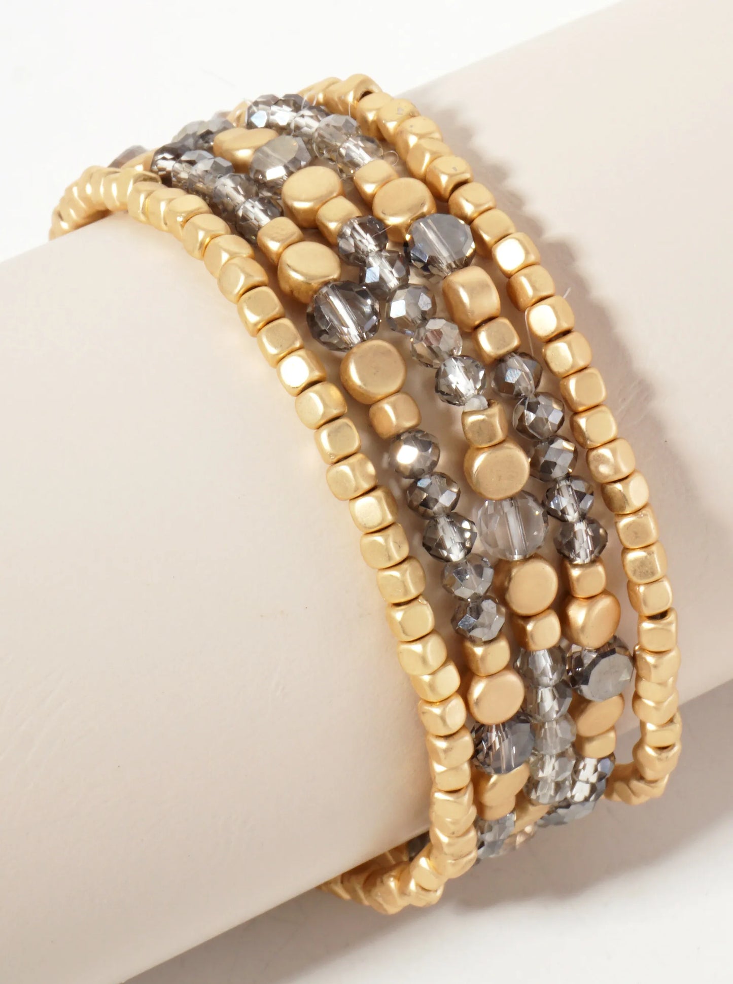 Set-of-5 Metallic Beads And Faceted Glass-Beads Stackable Stretch Bracelet