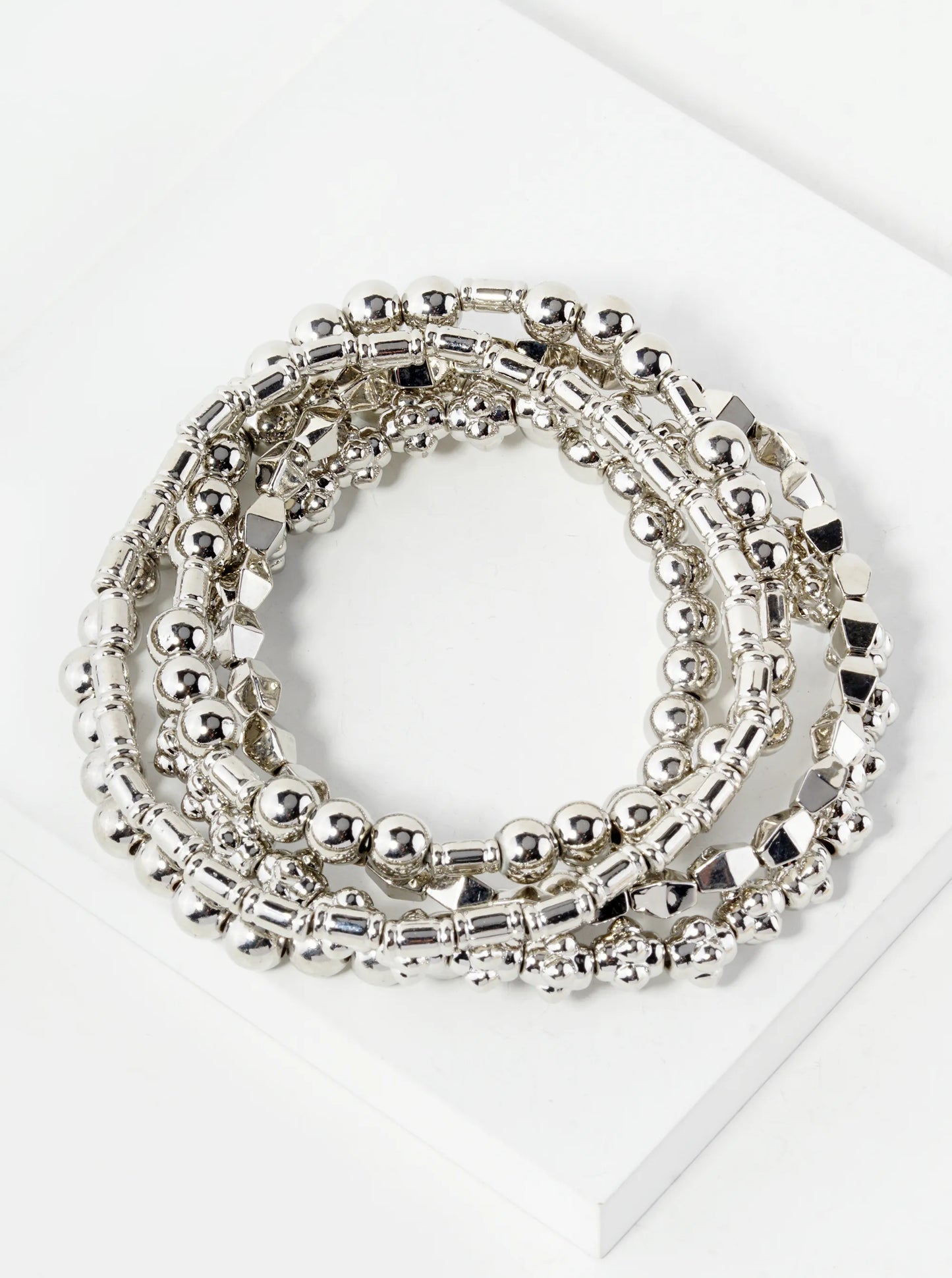 Set Of 5 Multi Shape Metallic Beads Stackable Stretch Bracelet