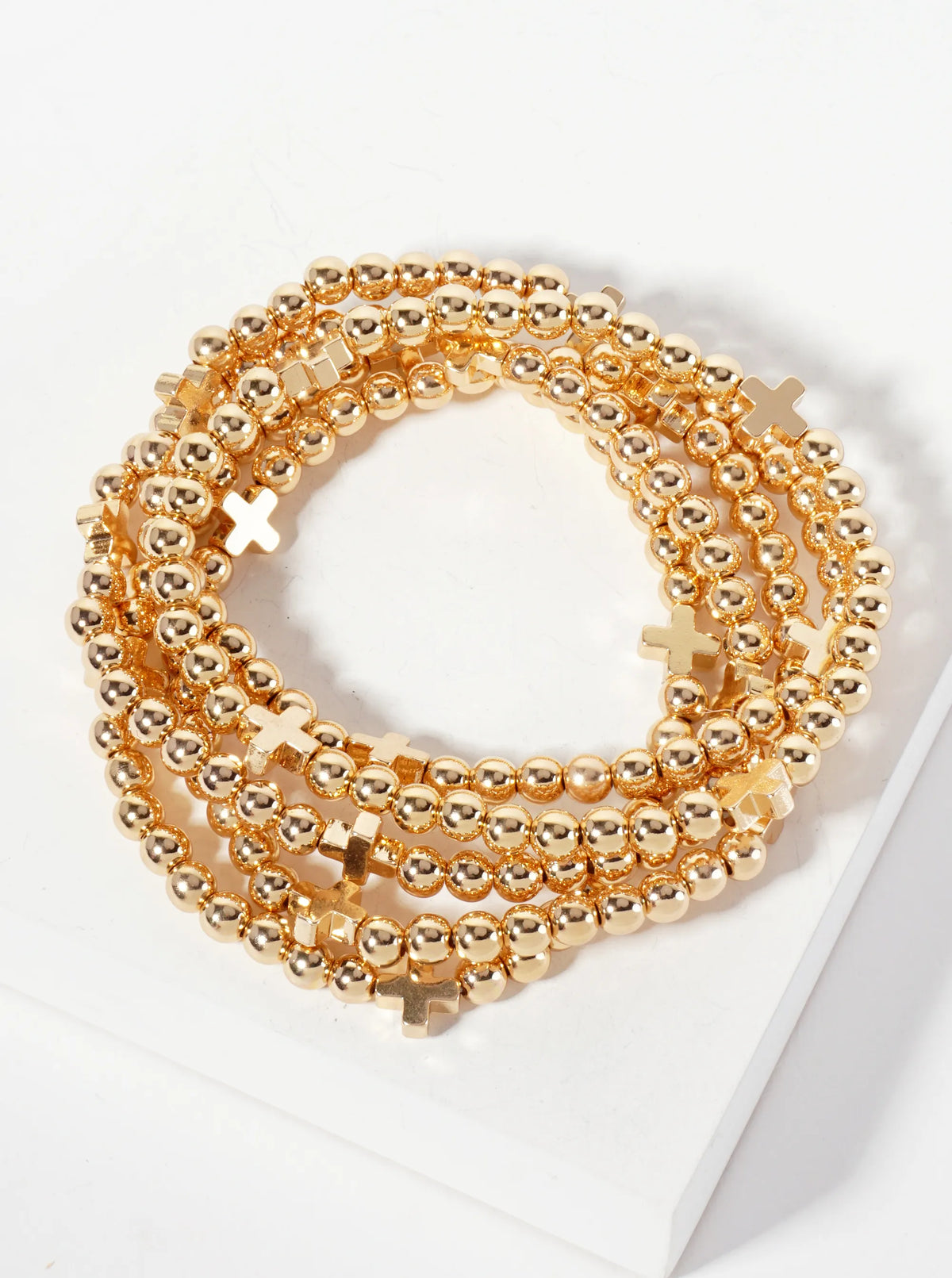 Set-of-5 Polished Metallic Cross And Ball-Beads Stackable Stretch Bracelet