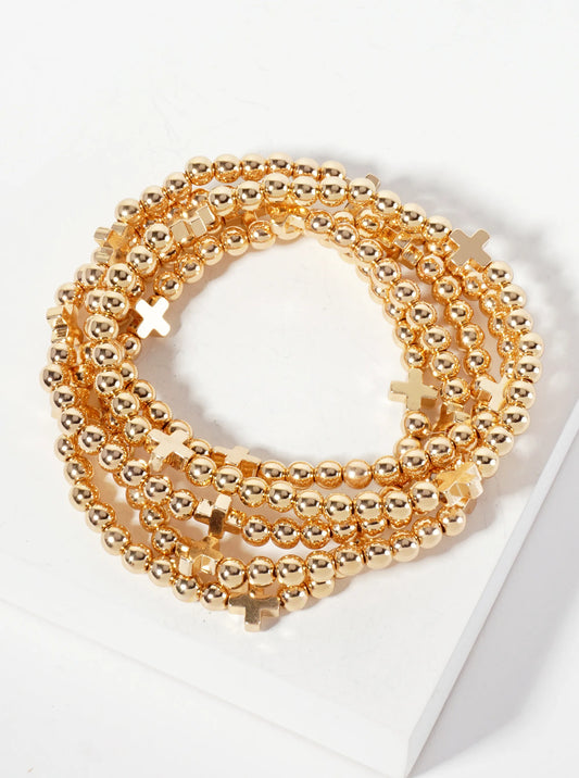 Set-of-5 Polished Metallic Cross And Ball-Beads Stackable Stretch Bracelet