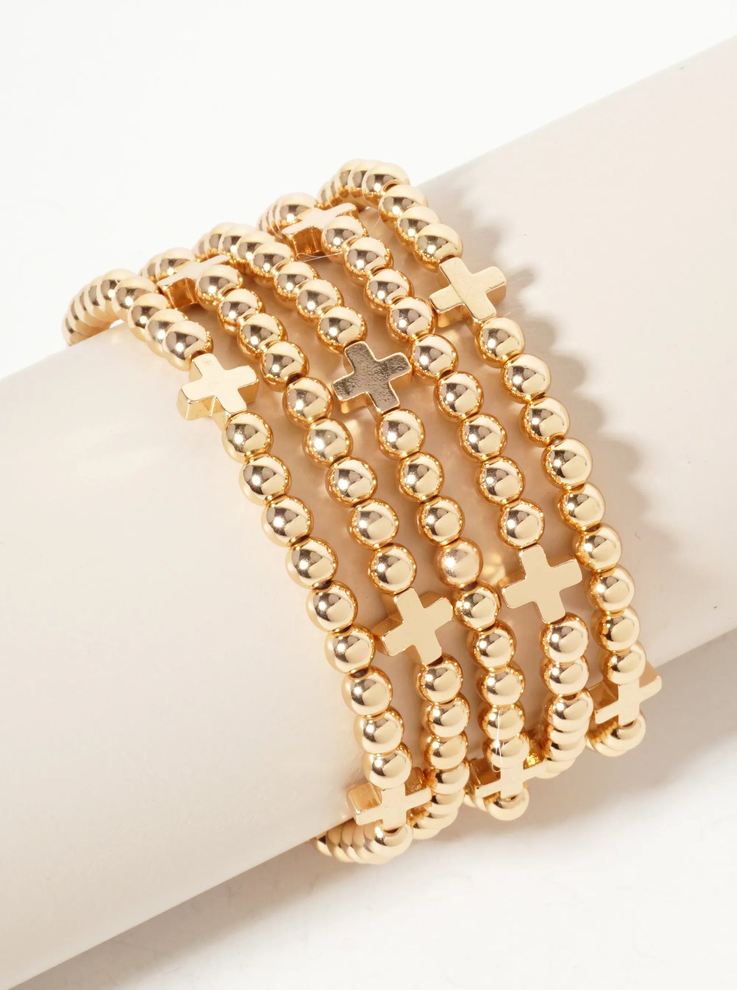 Set-of-5 Polished Metallic Cross And Ball-Beads Stackable Stretch Bracelet