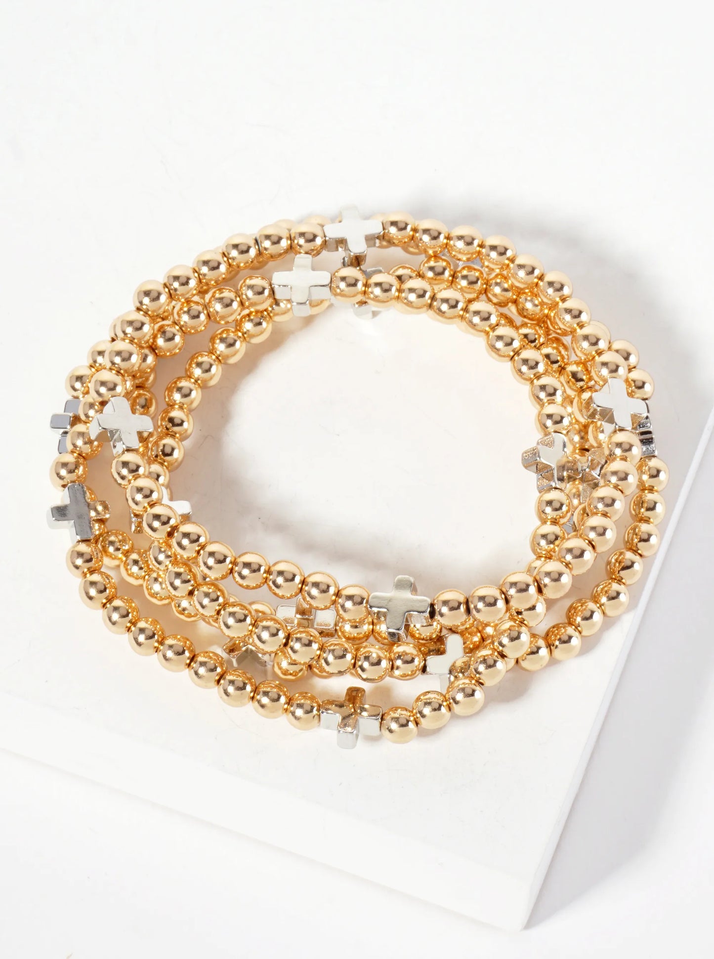 Set-of-5 Polished Metallic Cross And Ball-Beads Stackable Stretch Bracelet