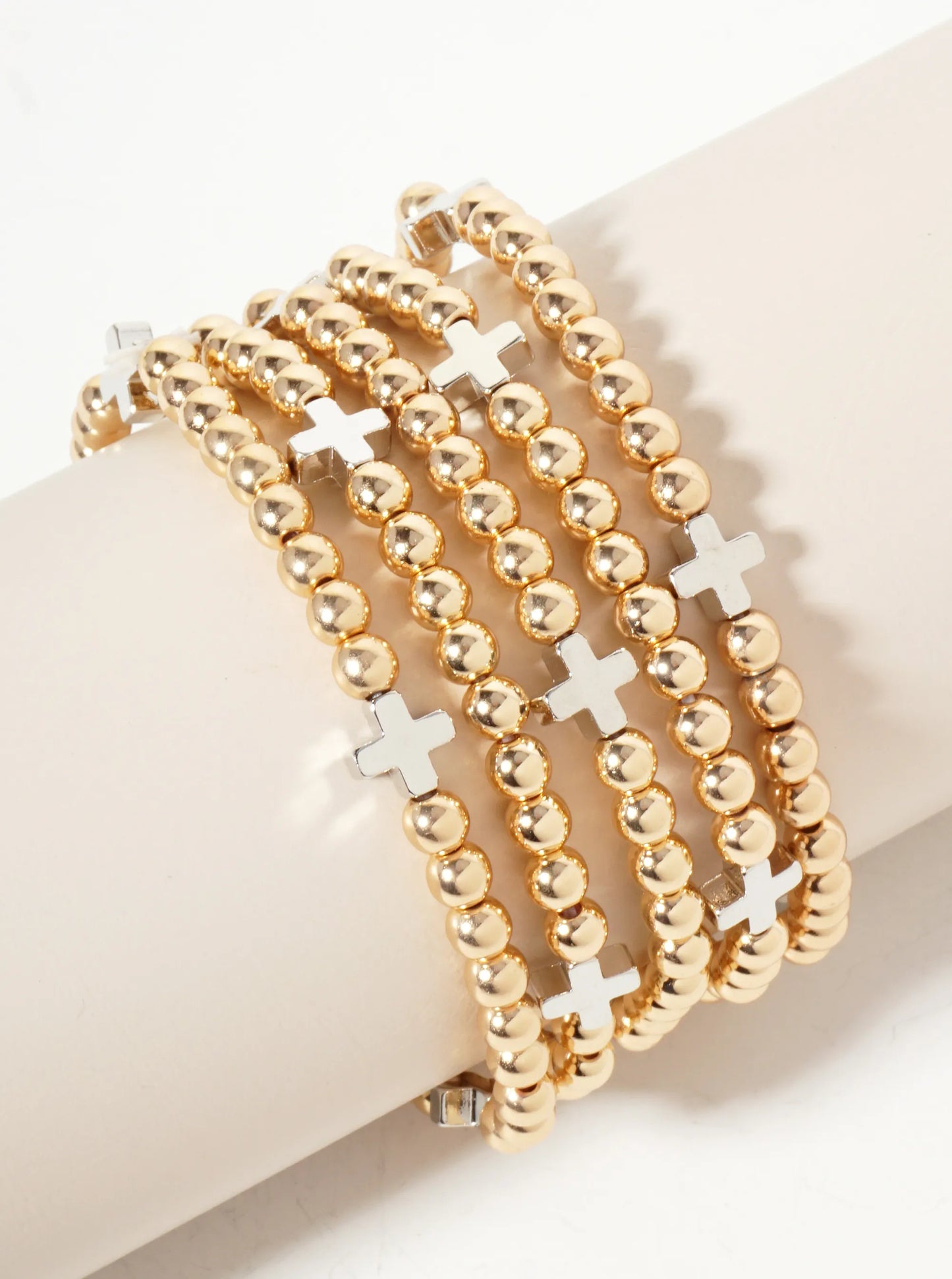 Set-of-5 Polished Metallic Cross And Ball-Beads Stackable Stretch Bracelet