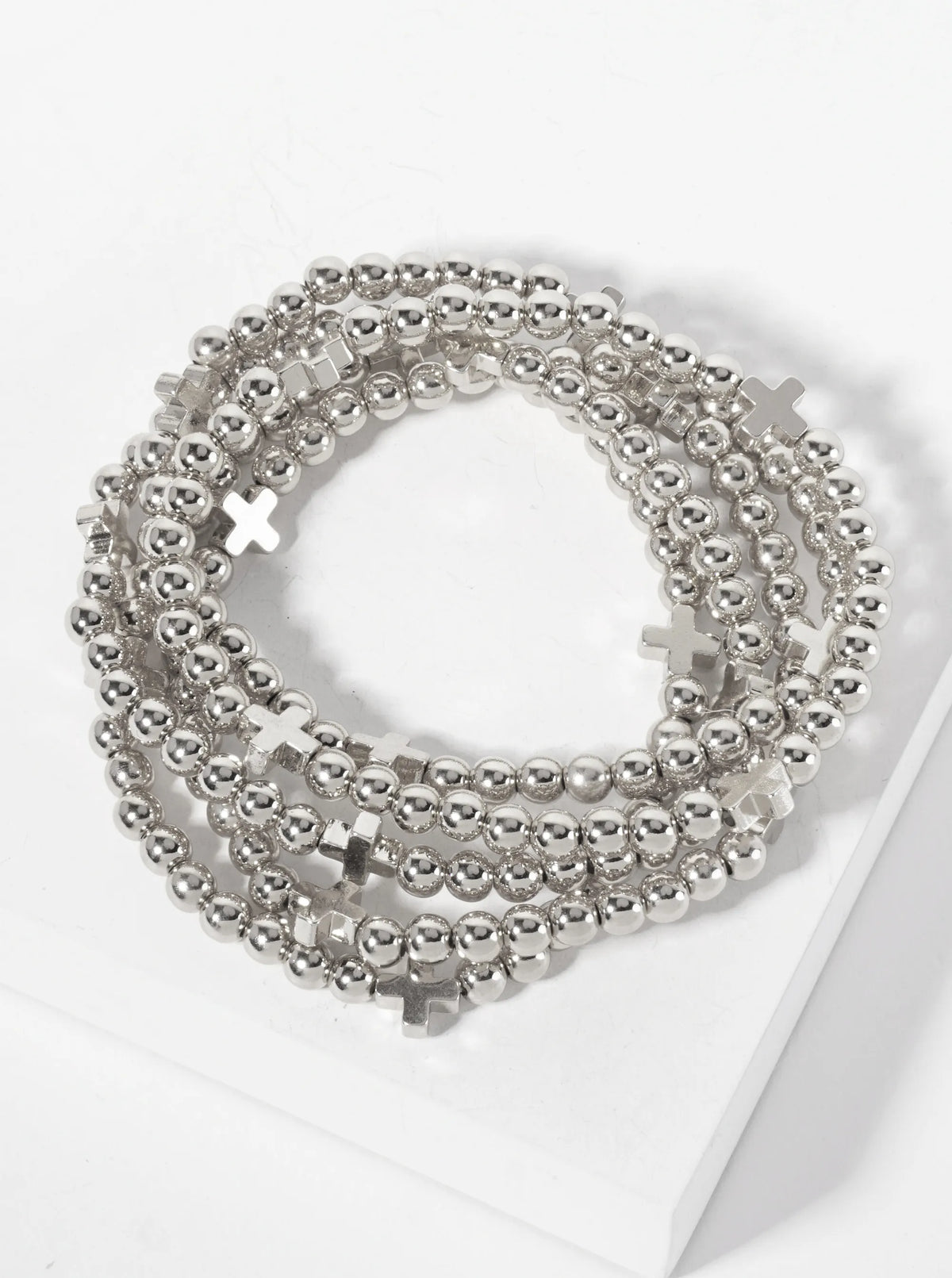 Set-of-5 Polished Metallic Cross And Ball-Beads Stackable Stretch Bracelet