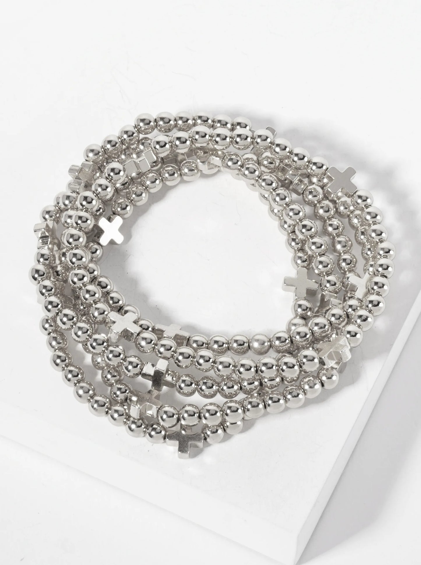 Set-of-5 Polished Metallic Cross And Ball-Beads Stackable Stretch Bracelet
