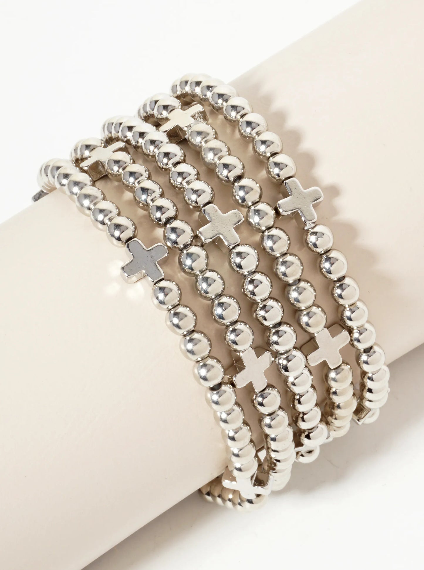 Set-of-5 Polished Metallic Cross And Ball-Beads Stackable Stretch Bracelet