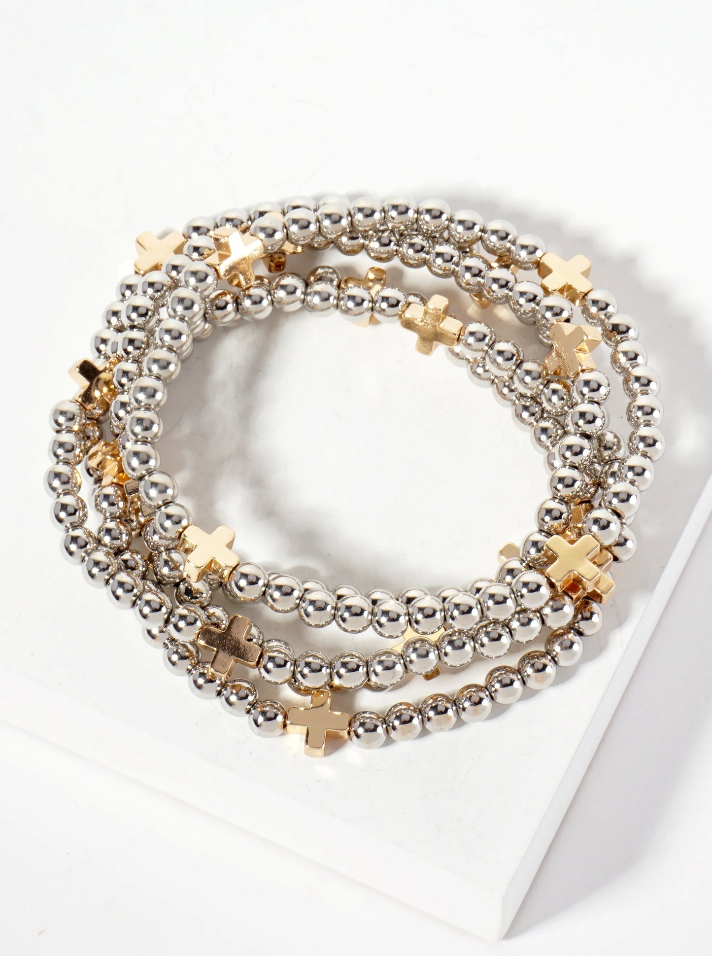 Set-of-5 Polished Metallic Cross And Ball-Beads Stackable Stretch Bracelet