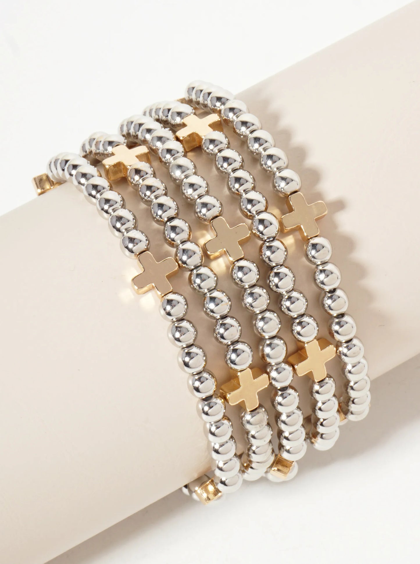 Set-of-5 Polished Metallic Cross And Ball-Beads Stackable Stretch Bracelet