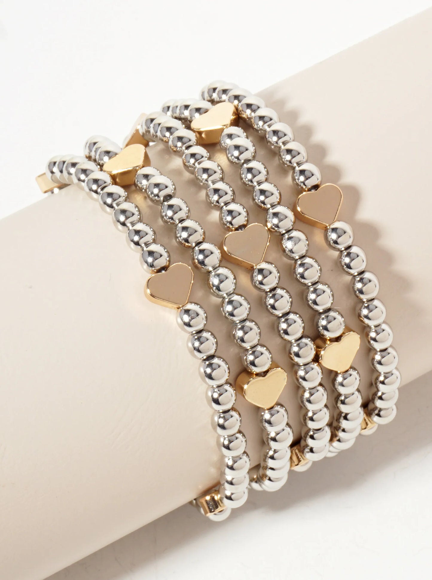 Set-of-5 Polished Metallic Heart And Ball-Beads Stackable Stretch Bracelet