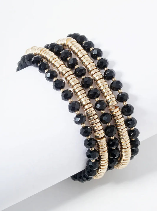 Set Of 5 Stretch Bracelets Faceted Glass And Metallic Beads