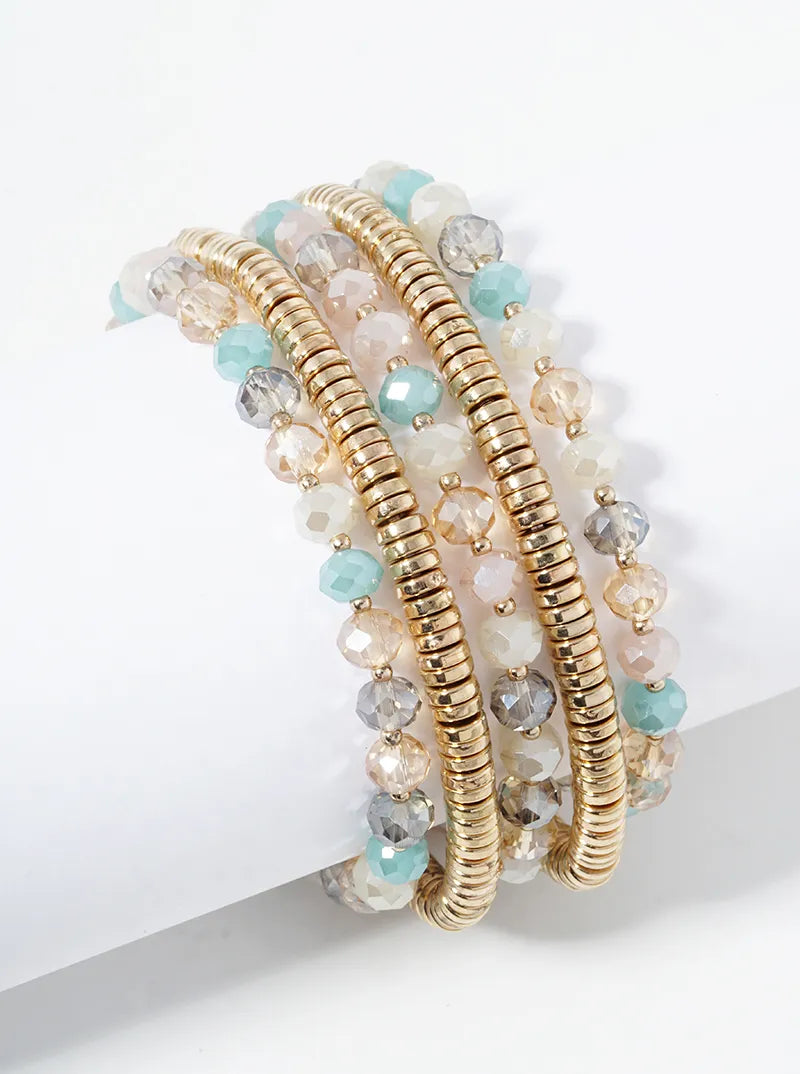 Set Of 5 Stretch Bracelets Faceted Glass And Metallic Beads
