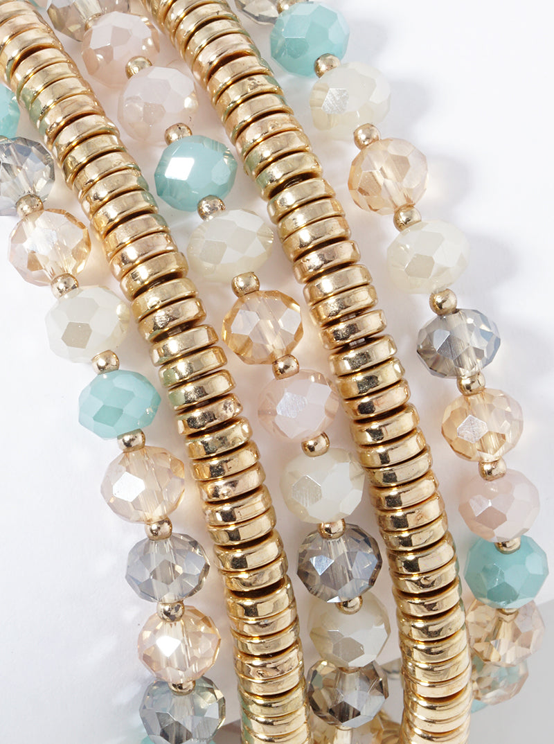 Set Of 5 Stretch Bracelets Faceted Glass And Metallic Beads
