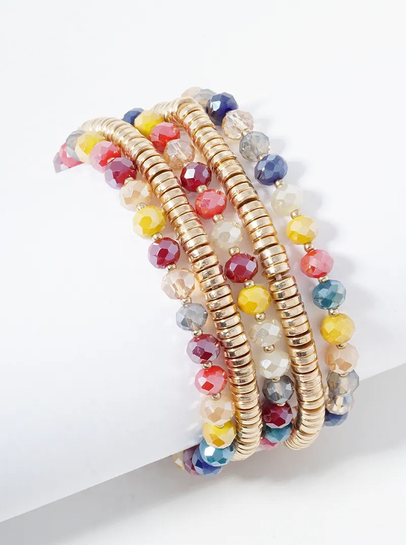Set Of 5 Stretch Bracelets Faceted Glass And Metallic Beads