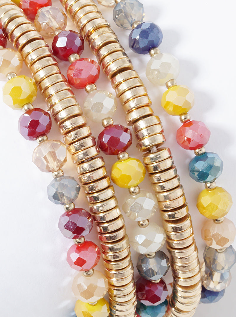 Set Of 5 Stretch Bracelets Faceted Glass And Metallic Beads