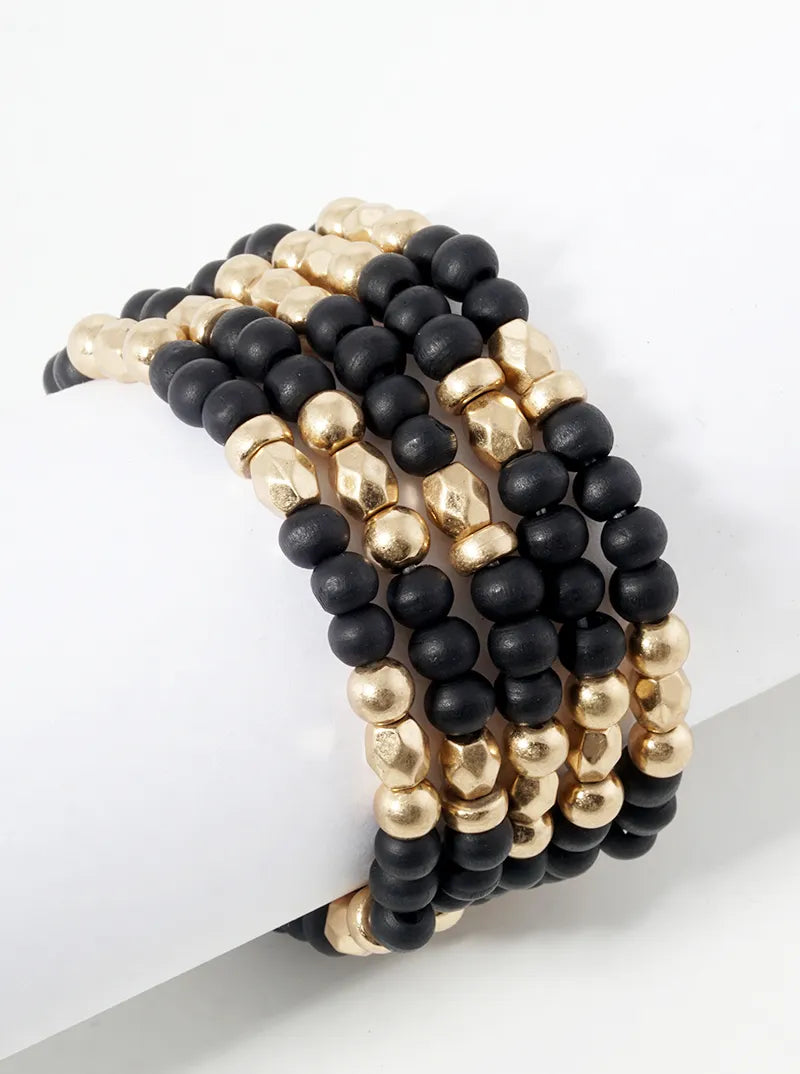 Set Of 5 Stretch Bracelets Wooden Metallic Accents