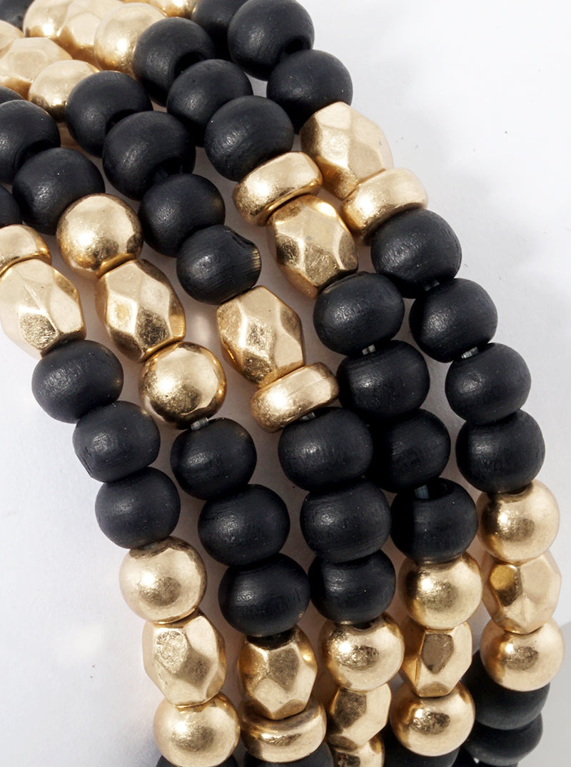 Set Of 5 Stretch Bracelets Wooden Metallic Accents