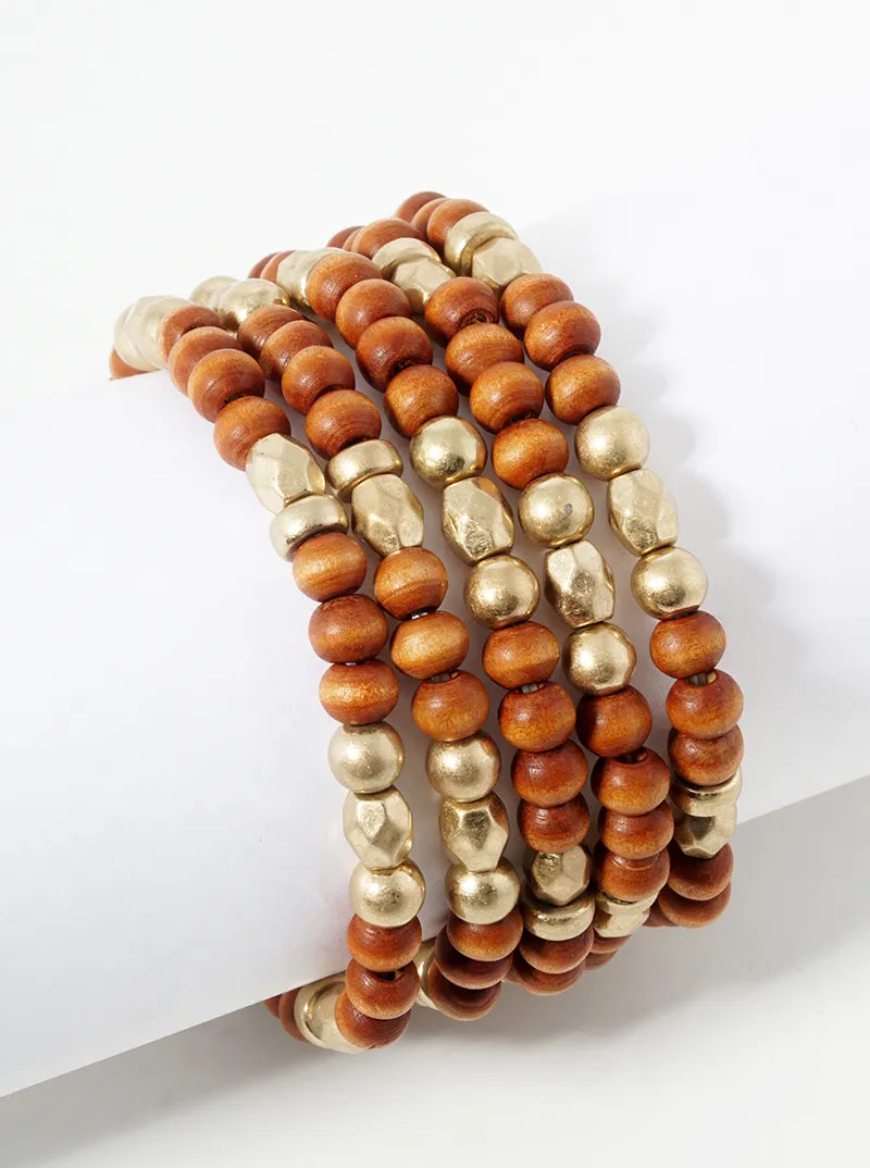 Set Of 5 Stretch Bracelets Wooden Metallic Accents