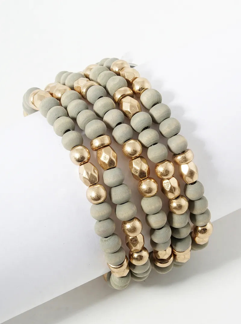 Set Of 5 Stretch Bracelets Wooden Metallic Accents