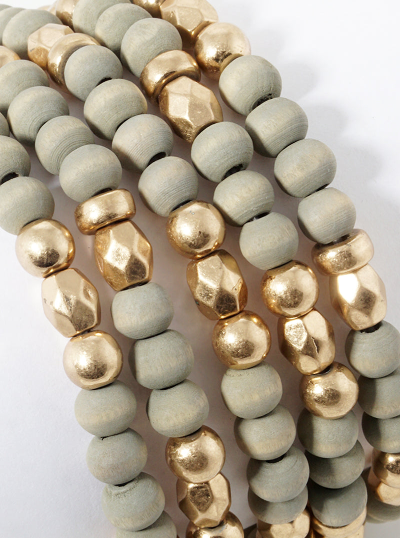 Set Of 5 Stretch Bracelets Wooden Metallic Accents