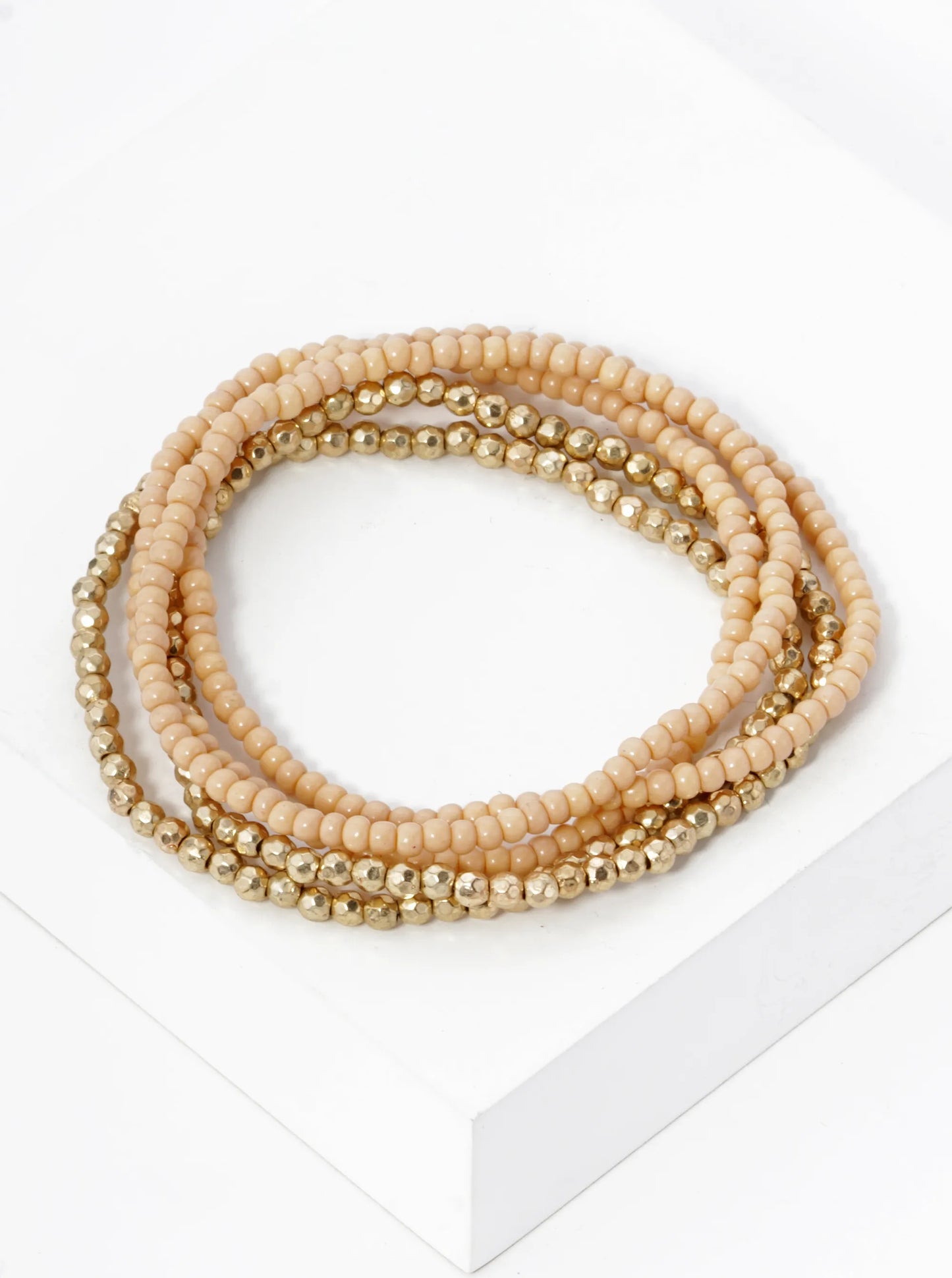 Set Of 5 Tiny Glass And Metallic Beaded Stretch Stackable Bracelet