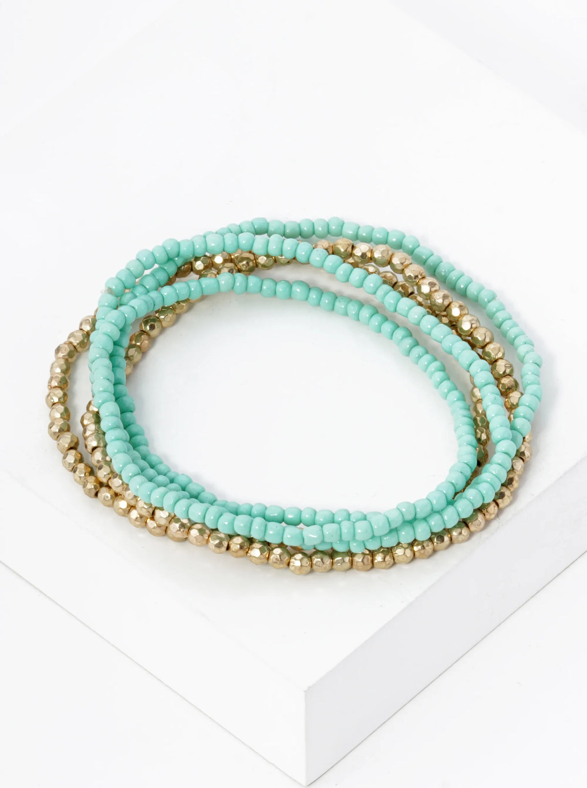 Set Of 5 Tiny Glass And Metallic Beaded Stretch Stackable Bracelet