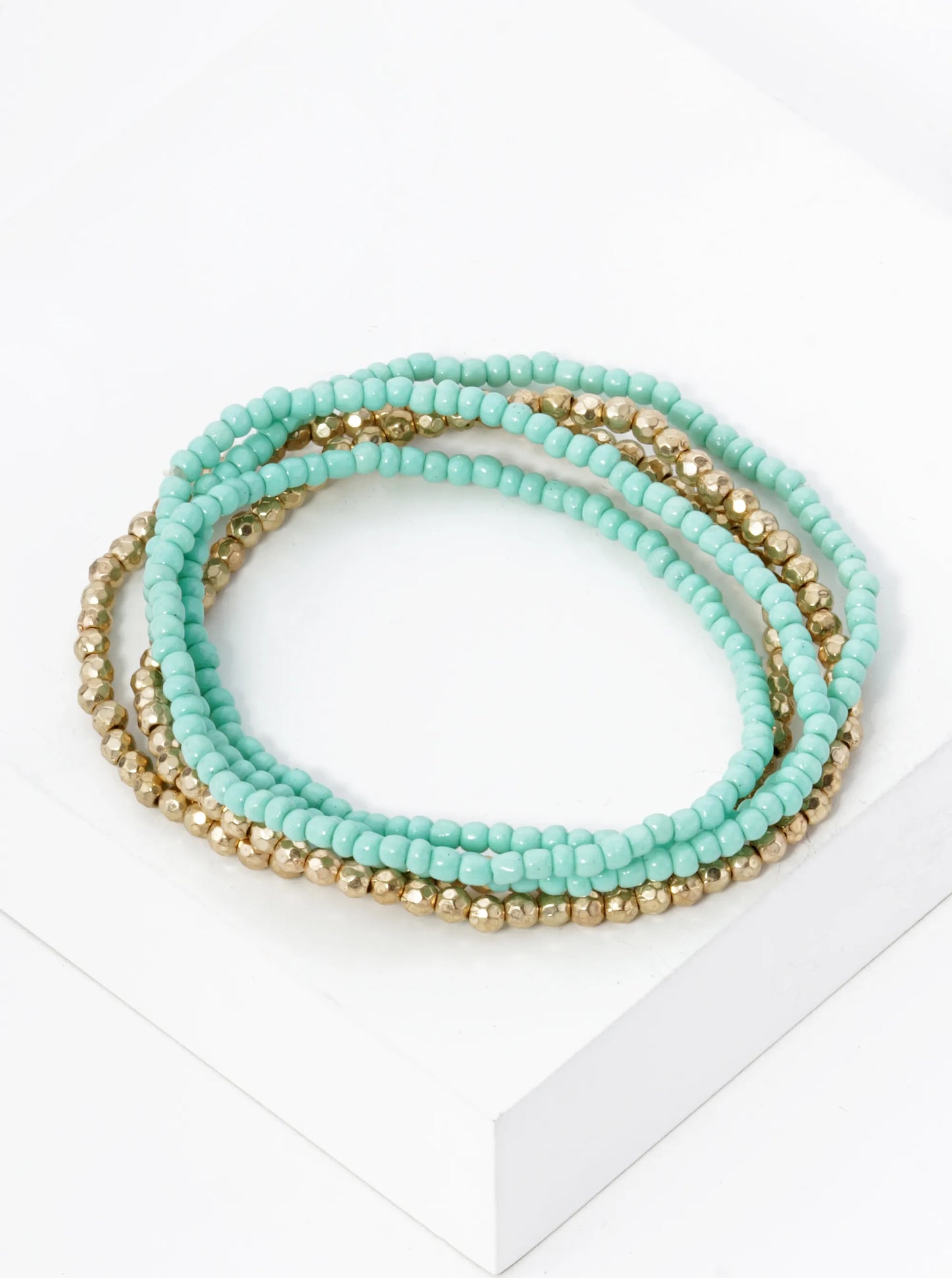 Set Of 5 Tiny Glass And Metallic Beaded Stretch Stackable Bracelet