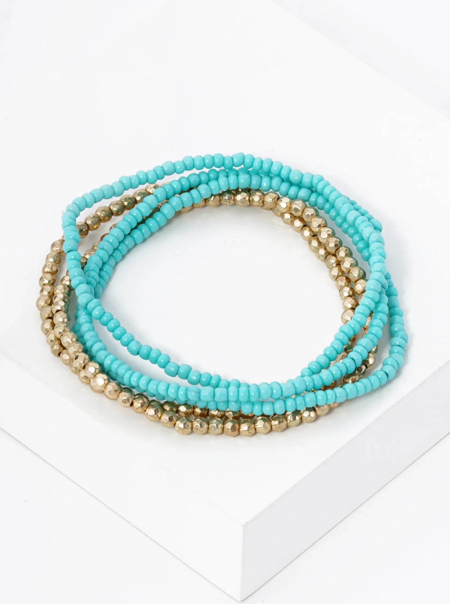Set Of 5 Tiny Glass And Metallic Beaded Stretch Stackable Bracelet