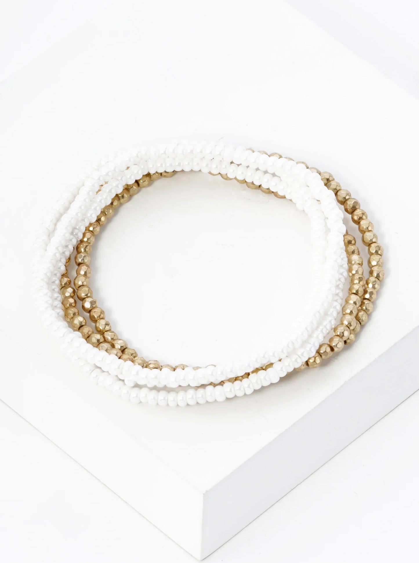 Set Of 5 Tiny Glass And Metallic Beaded Stretch Stackable Bracelet