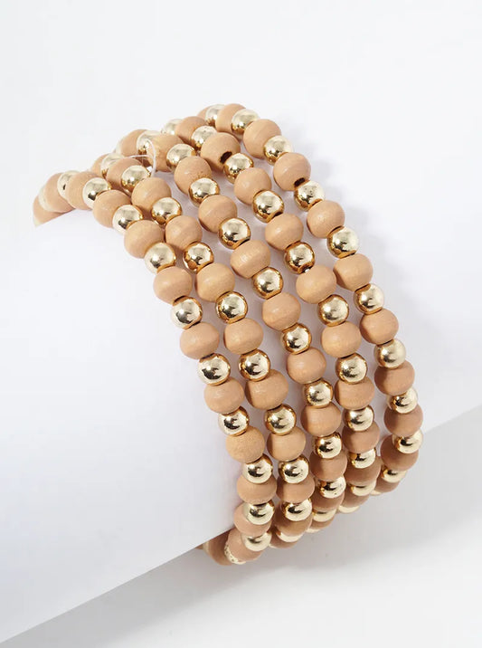 Set Of 5 Wood Beads Stackable Stretch Bracelet