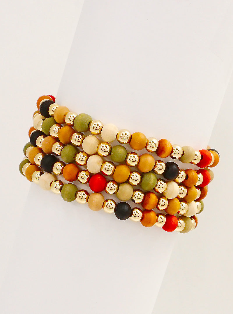 Set Of 5 Wood Beads Stackable Stretch Bracelet