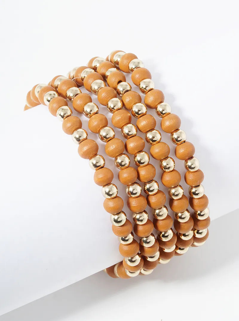 Set Of 5 Wood Beads Stackable Stretch Bracelet