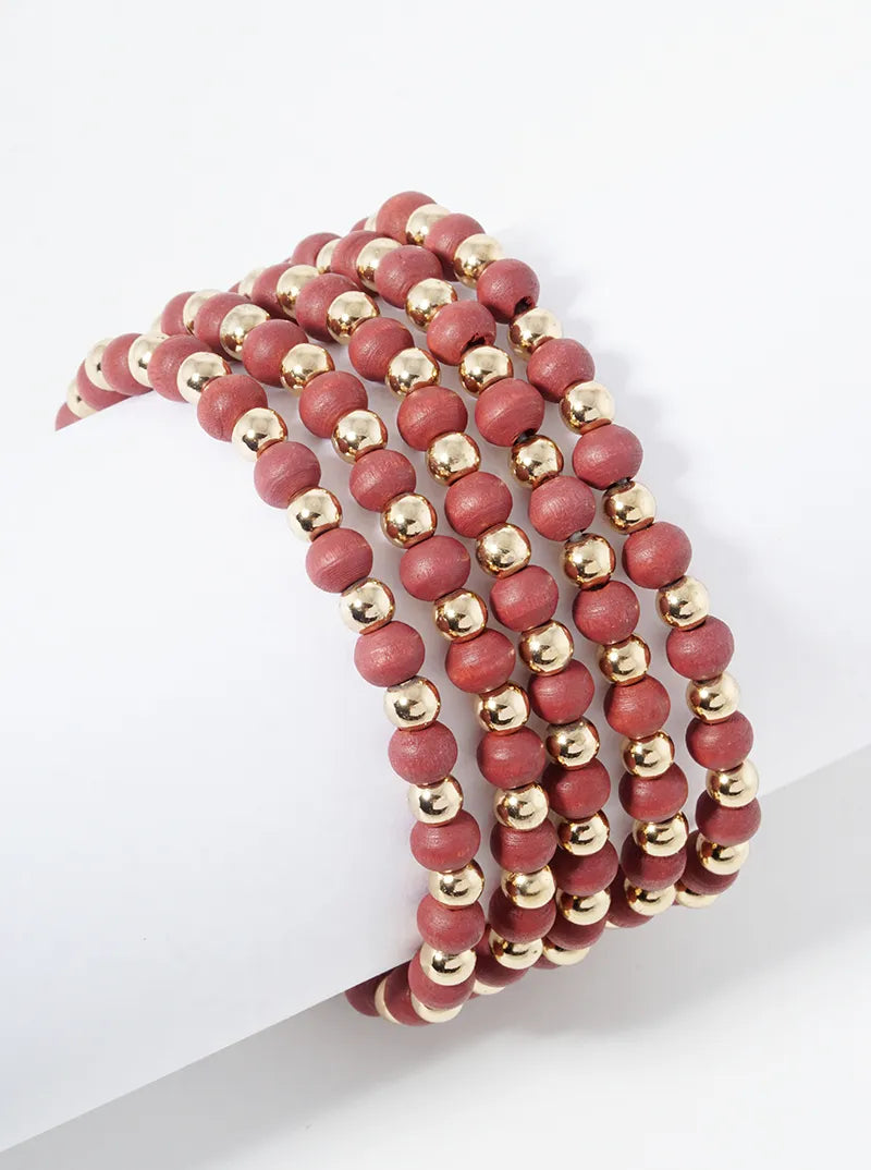 Set Of 5 Wood Beads Stackable Stretch Bracelet