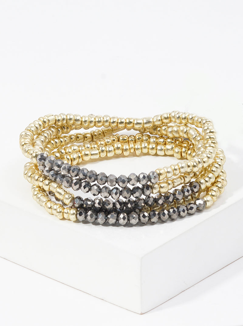 Set Of 5 Faceted Glass Bead And Metallic Bead Stretch Stackable Bracelet