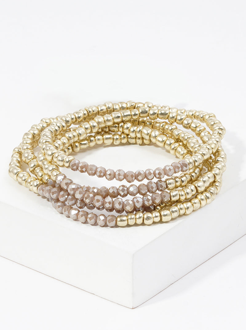 Set Of 5 Faceted Glass Bead And Metallic Bead Stretch Stackable Bracelet
