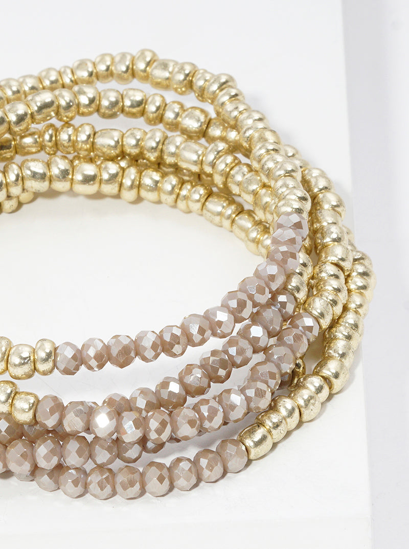 Set Of 5 Faceted Glass Bead And Metallic Bead Stretch Stackable Bracelet