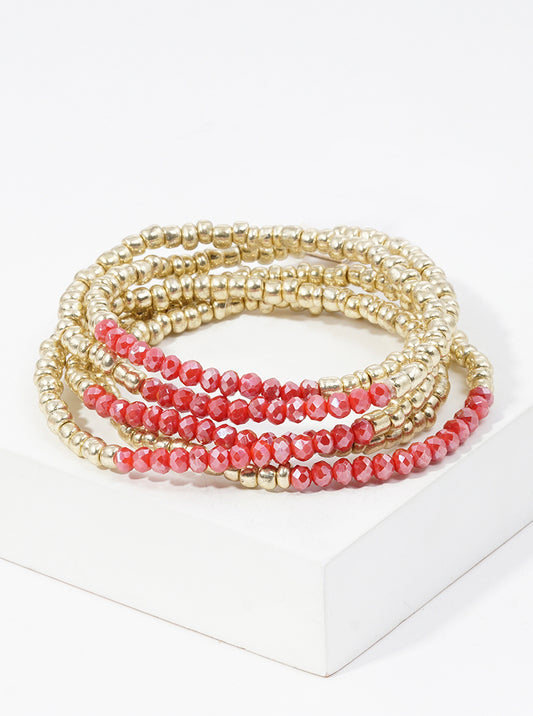 Set Of 5 Faceted Glass Bead And Metallic Bead Stretch Stackable Bracelet
