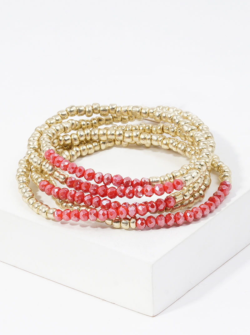 Set Of 5 Faceted Glass Bead And Metallic Bead Stretch Stackable Bracelet