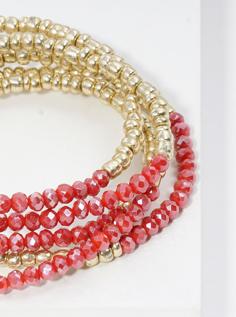 Set Of 5 Faceted Glass Bead And Metallic Bead Stretch Stackable Bracelet